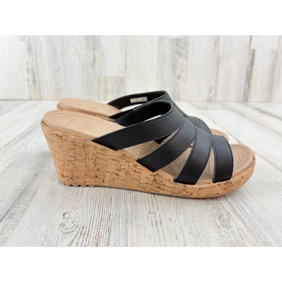 Crocs A Leigh Wedge Sandals Womens 9 Strappy Slip On Comfort Shoes Cork Heel - Picture 2 of 12